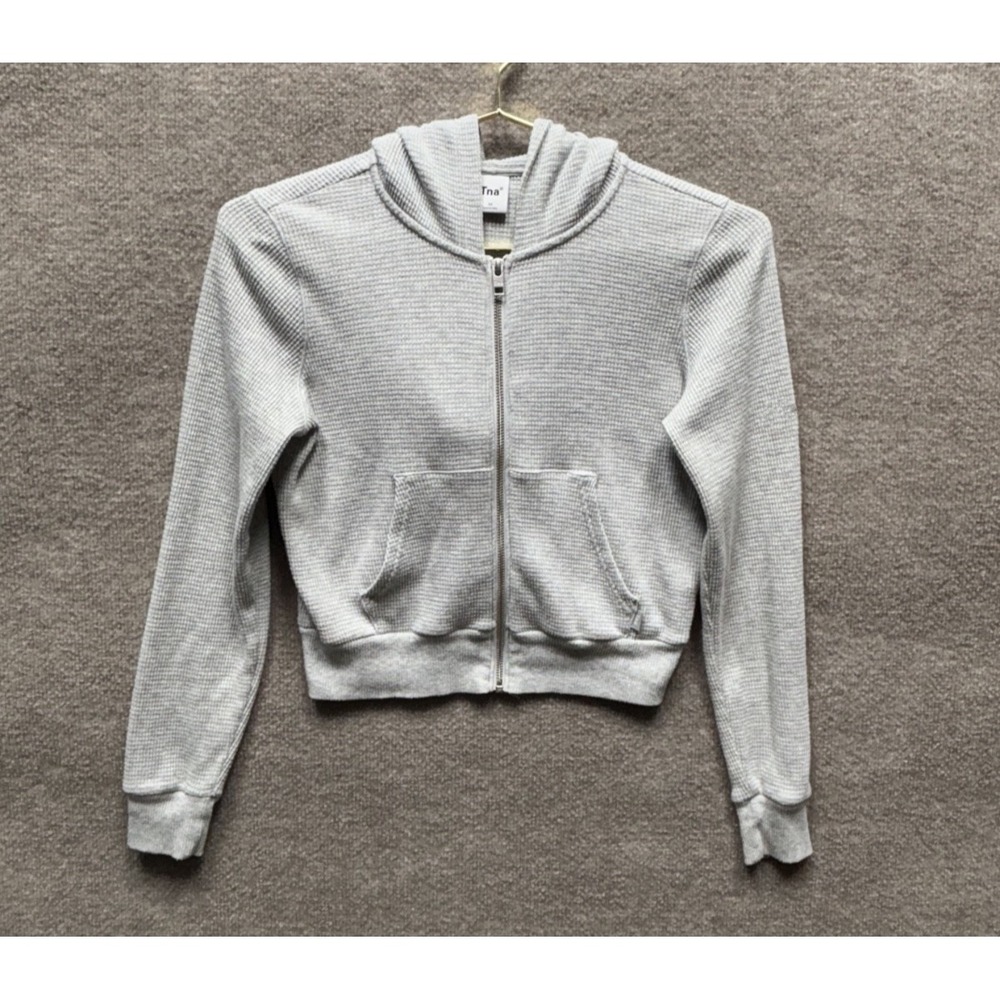 TNA Aritzia Waffle Knit Full Zip Hoodie Jacket XS Gray‎ Crop Thermal Sweatshirt